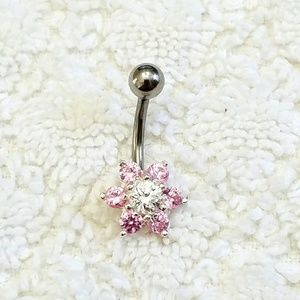 925 SS Stamped Light Pink Flower CZ Navel Ring